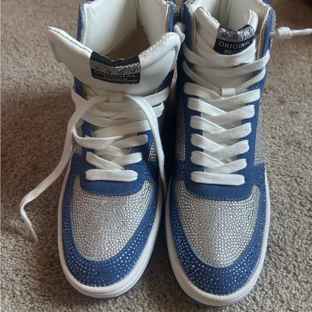 Blue and White High-Top Sneakers with Rhinestones